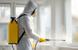 Persona con equipo de protección aplicando pesticida en interiores durante el día, centrándose en la zona de la ventana para el control de plagas