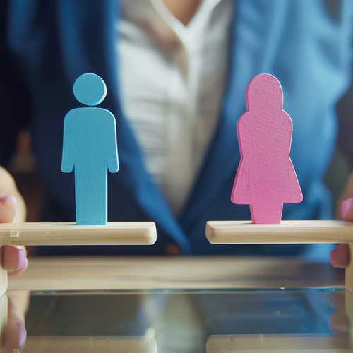 Figuras hombre y mujer en una balanza en representación de la igualdad para curso online.