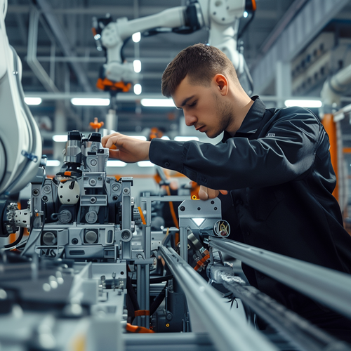 Ingeniero calibrando un brazo robótico en una empresa de tecnologías