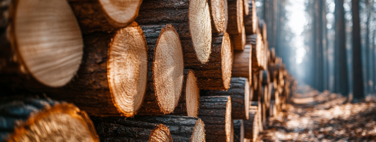 Troncos de madera apilados para su tratamiento y aplicación de biocidas TP8