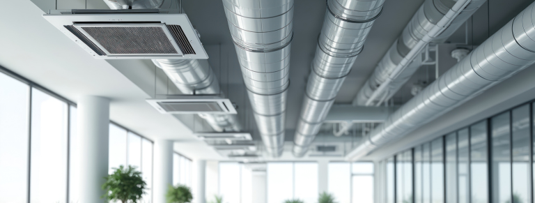 Conductos de ventilación y aire acondicionado en una oficina