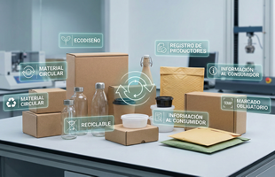 Bodegón de diversos envases comerciales e industriales sobre una mesa de trabajo técnica, con etiquetas digitales superpuestas que indican conceptos de cumplimiento legal como 'Ecodiseño', 'Marcado Obligatorio', 'Registro de Productores' e 'Información al Consumidor'.