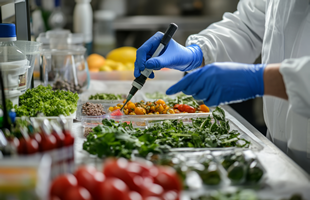 Científico con guantes azules manipulando muestras de alimentos frescos en un laboratorio.