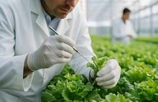 Personal especializado realizando tareas de microbiologia e higiene alimentaria en un invernadero