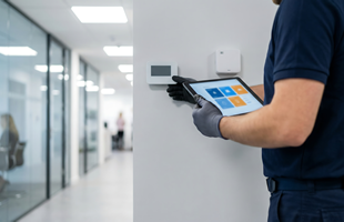 Técnico configurando un aparato inteligente en una oficina
